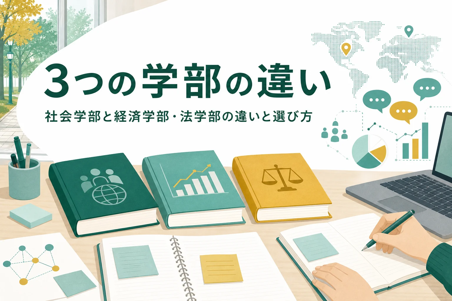 社会学部と経済学部・法学部の違いを比べ、迷った時の選び方を紹介する記事のアイキャッチ