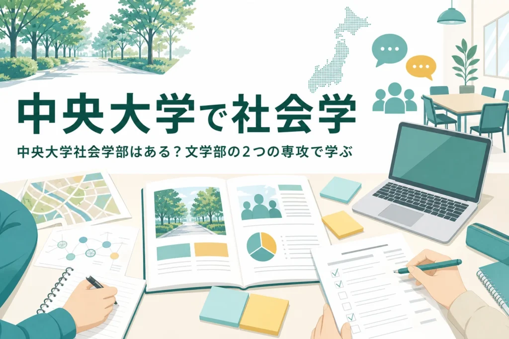 中央大学社会学部の有無と、文学部の社会学専攻・社会情報学専攻で学べることを紹介する記事のアイキャッチ