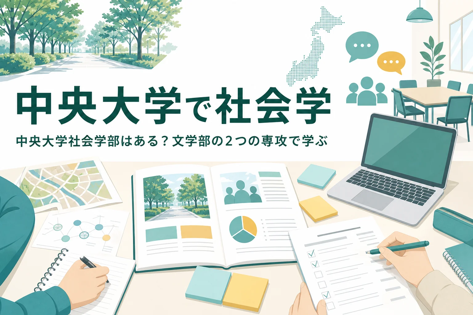 中央大学社会学部の有無と、文学部の社会学専攻・社会情報学専攻で学べることを紹介する記事のアイキャッチ
