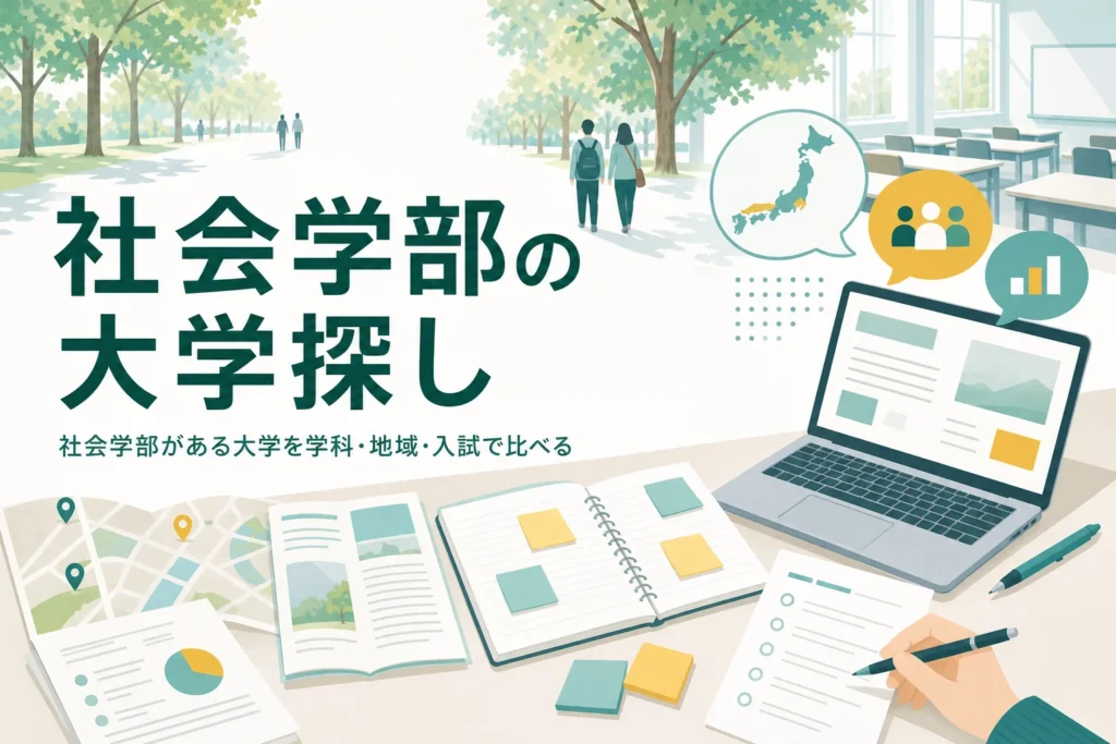 社会学部がある大学を、学部名の種類・地域・学べることで探す方法を紹介する記事のアイキャッチ