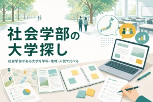 社会学部がある大学を、学部名の種類・地域・学べることで探す方法を紹介する記事のアイキャッチ