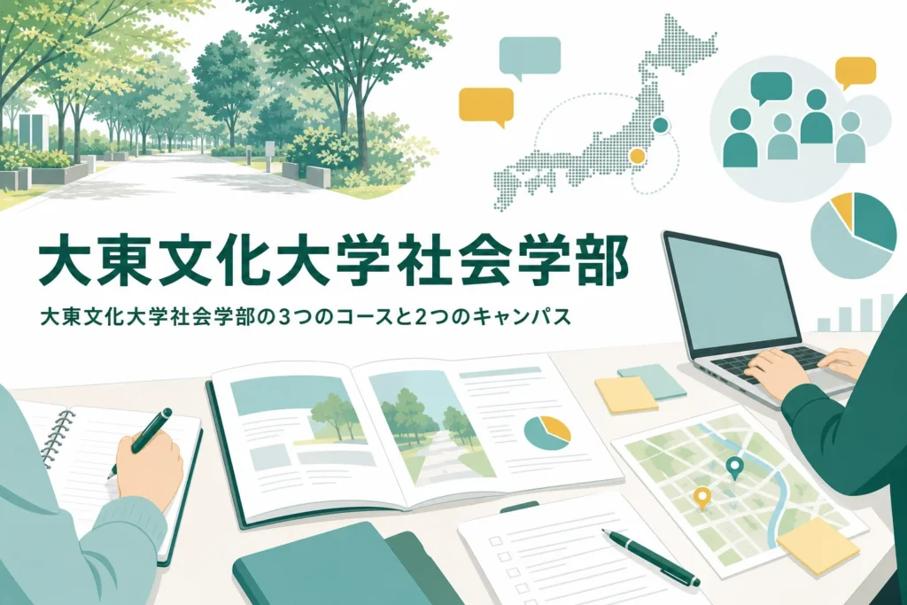 大東文化大学社会学部の3つのコースと、東松山・板橋の2つのキャンパスでの学び方を紹介する記事のアイキャッチ