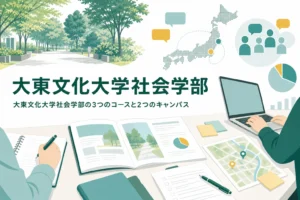 大東文化大学社会学部の3つのコースと、東松山・板橋の2つのキャンパスでの学び方を紹介する記事のアイキャッチ