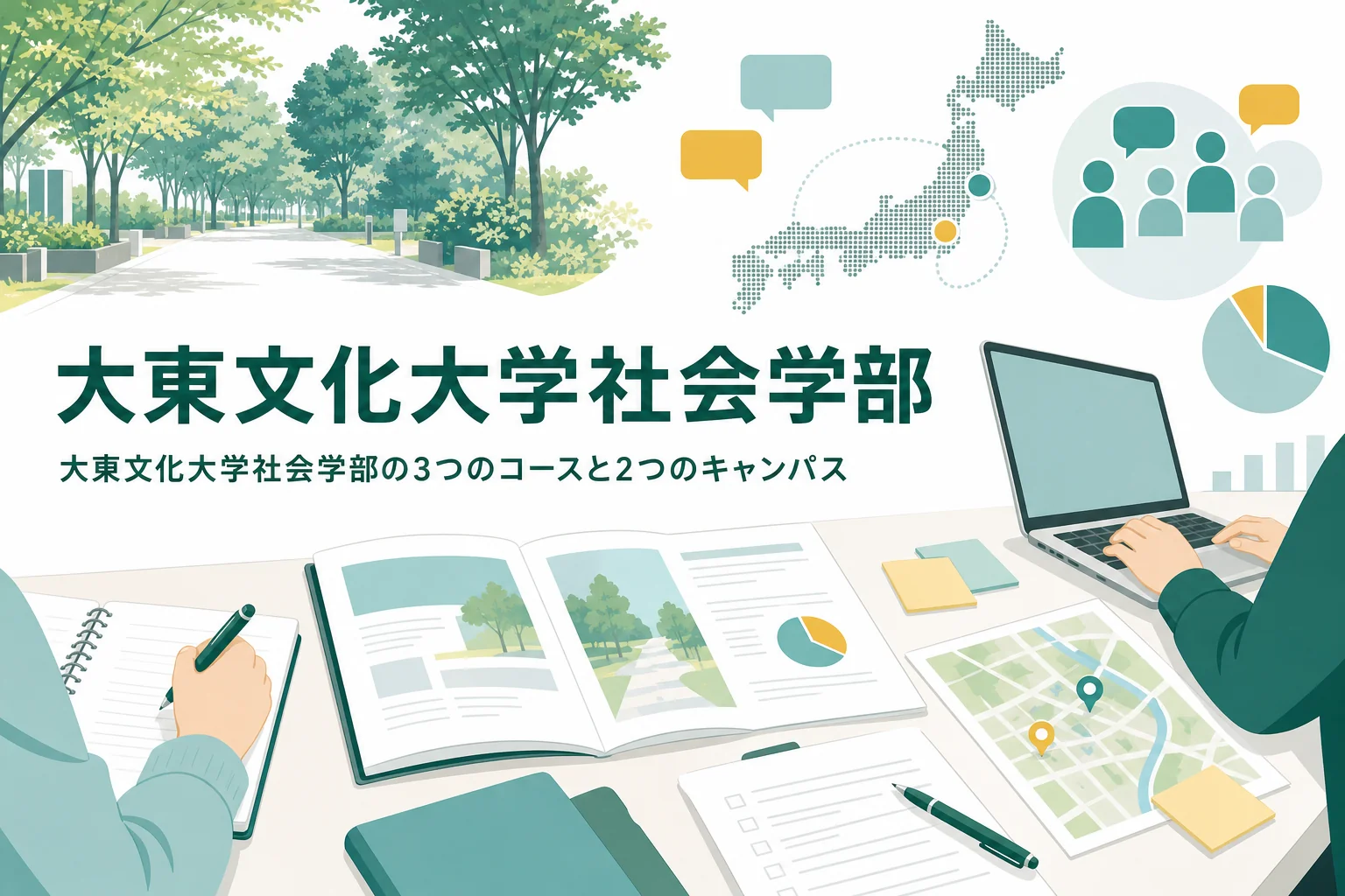 大東文化大学社会学部の3つのコースと、東松山・板橋の2つのキャンパスでの学び方を紹介する記事のアイキャッチ