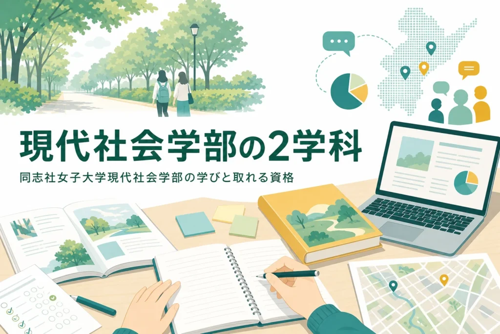 同志社女子大学現代社会学部の社会システム学科と現代こども学科の学びと資格を紹介する記事のアイキャッチ
