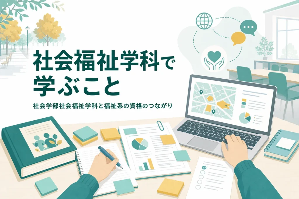 社会学部の社会福祉学科で学ぶことと、福祉系の資格とのつながりを紹介する記事のアイキャッチ