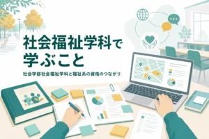 社会学部の社会福祉学科で学ぶことと、福祉系の資格とのつながりを紹介する記事のアイキャッチ