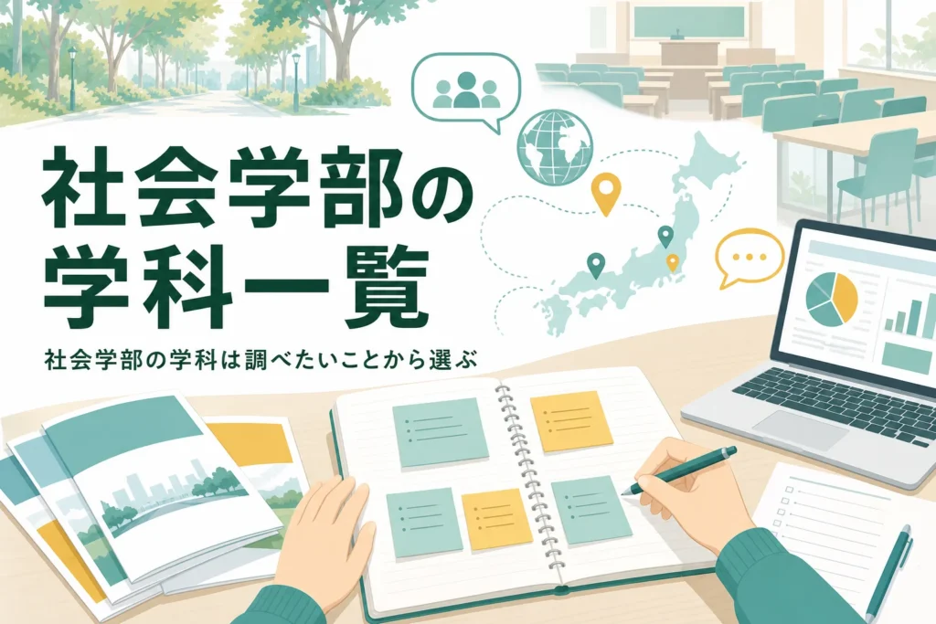 社会学部の学科の種類と違いを、調べたい対象から選ぶ方法で紹介する記事のアイキャッチ