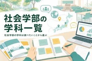 社会学部の学科の種類と違いを、調べたい対象から選ぶ方法で紹介する記事のアイキャッチ