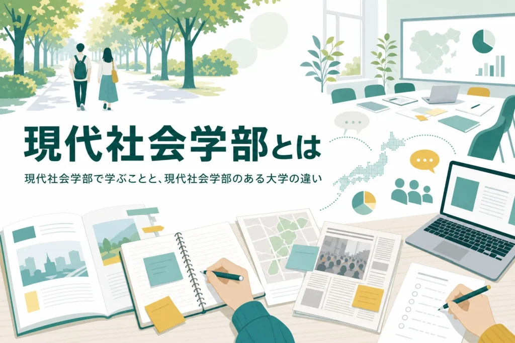 現代社会学部で学ぶことと、現代社会学部のある大学の違いを紹介する記事のアイキャッチ