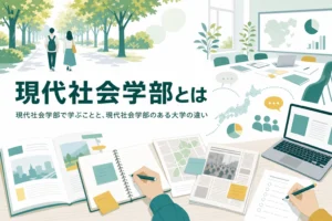 現代社会学部で学ぶことと、現代社会学部のある大学の違いを紹介する記事のアイキャッチ