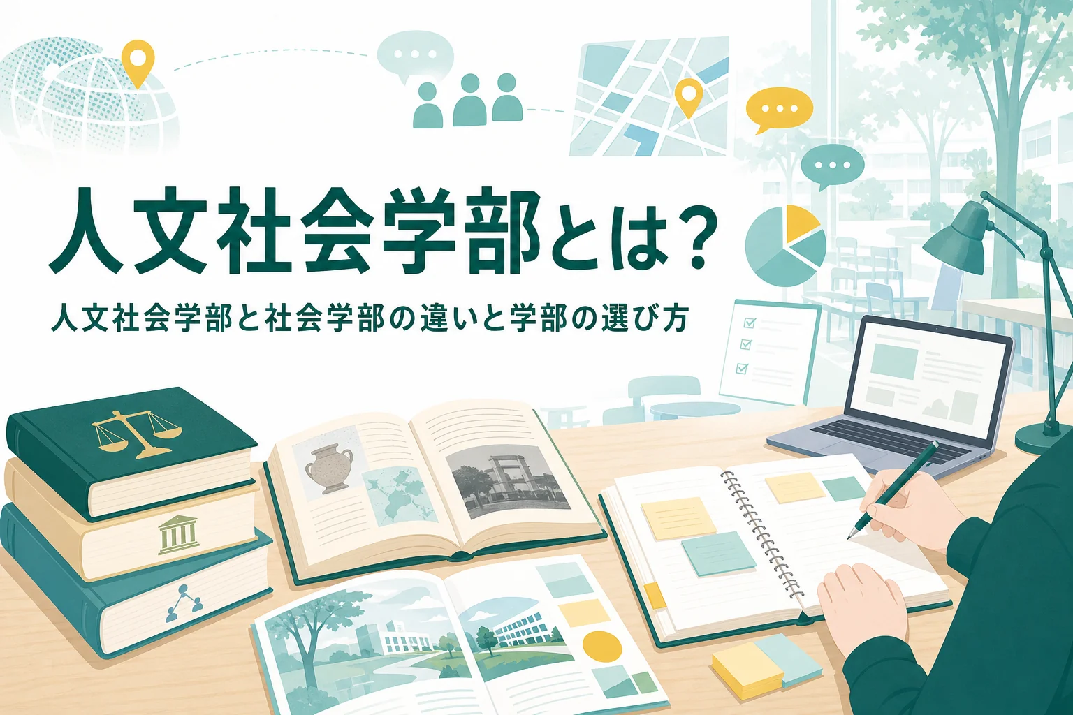 人文社会学部とはどんな学部かと、社会学部との違い、人文社会学部がある大学を紹介する記事のアイキャッチ