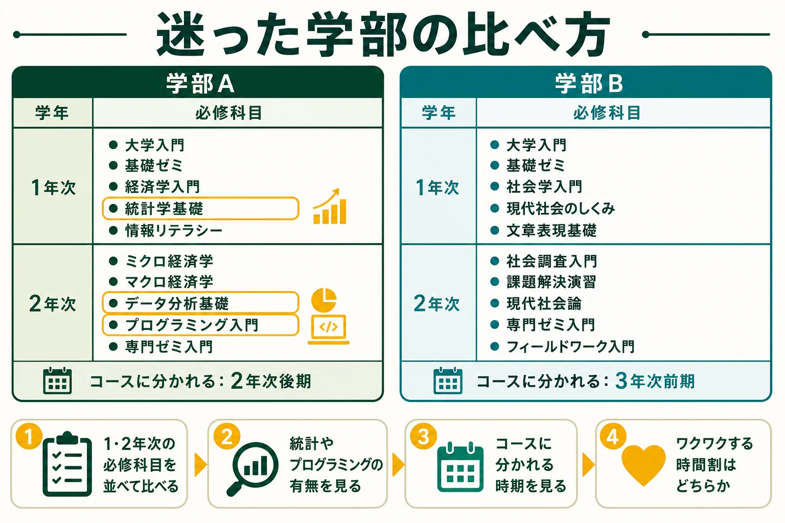 情報社会学部と経営学部などで迷った時に、必修科目を並べて比べる手順の図解