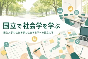 国立大学の社会学部と、人文社会科学部などで社会学を学べる国立大学を紹介する記事のアイキャッチ