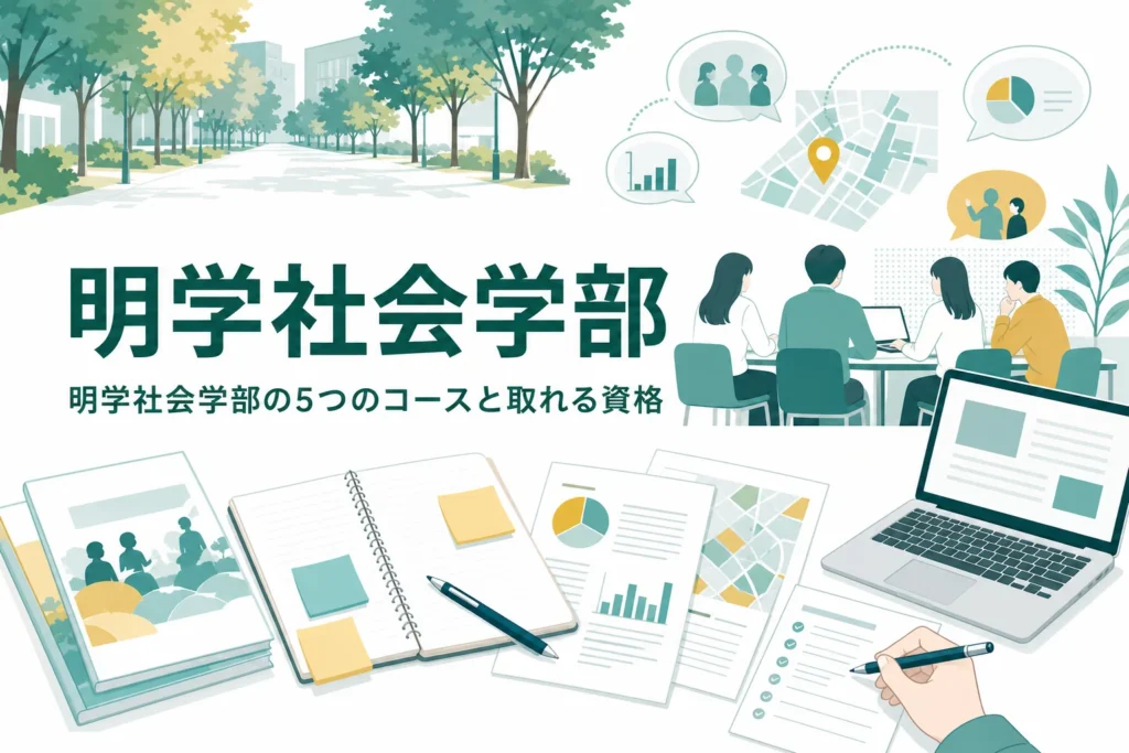 明治学院大学社会学部の社会学科・社会福祉学科のコースと取れる資格を紹介する記事のアイキャッチ