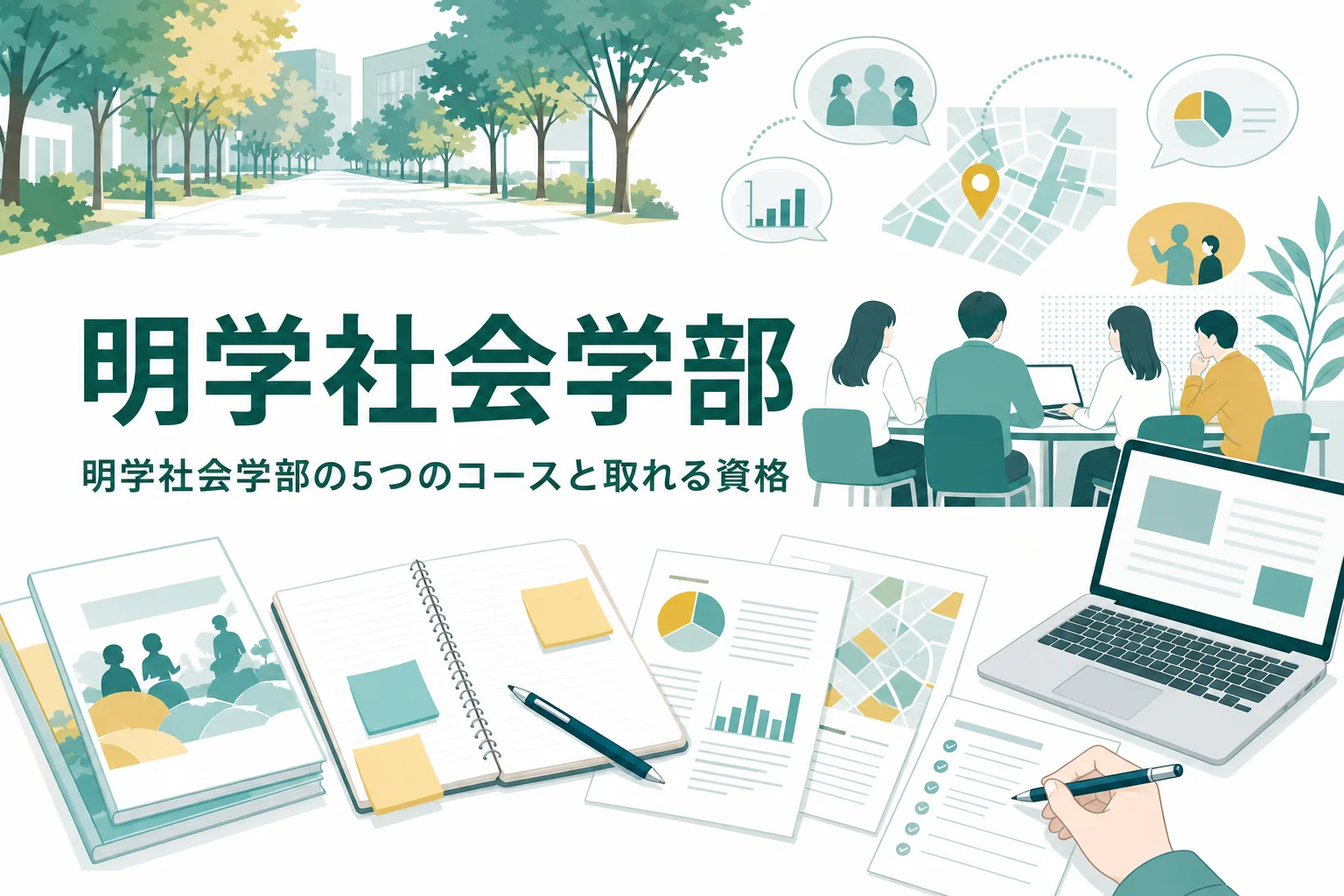 明治学院大学社会学部の社会学科・社会福祉学科のコースと取れる資格を紹介する記事のアイキャッチ