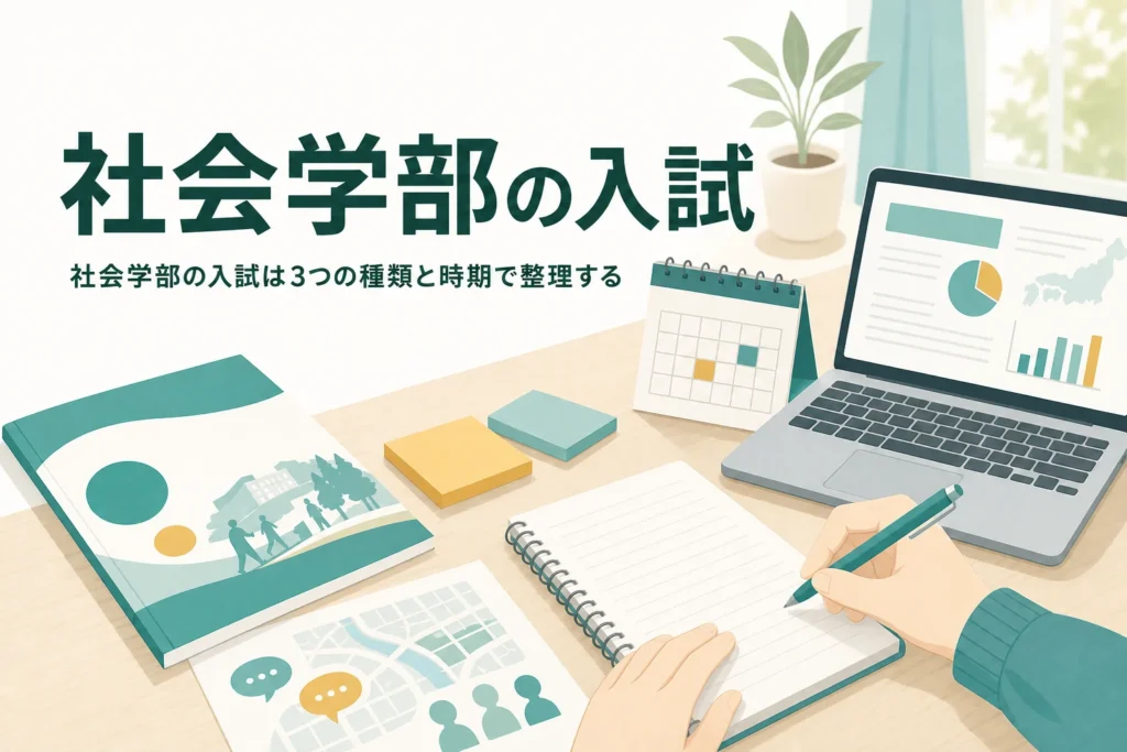 社会学部の入試を、一般選抜・学校推薦型選抜・総合型選抜の種類と時期で整理して紹介する記事のアイキャッチ
