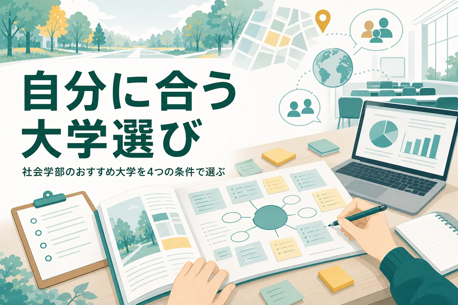 社会学部のおすすめ大学を、テーマ・資格・場所・学び方の4つの条件で選ぶ方法を紹介する記事のアイキャッチ