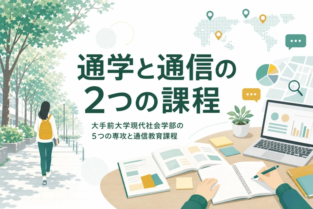 大手前大学現代社会学部の通学課程の5つの専攻と、通信教育課程の学び方を紹介する記事のアイキャッチ