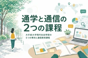 大手前大学現代社会学部の通学課程の5つの専攻と、通信教育課程の学び方を紹介する記事のアイキャッチ