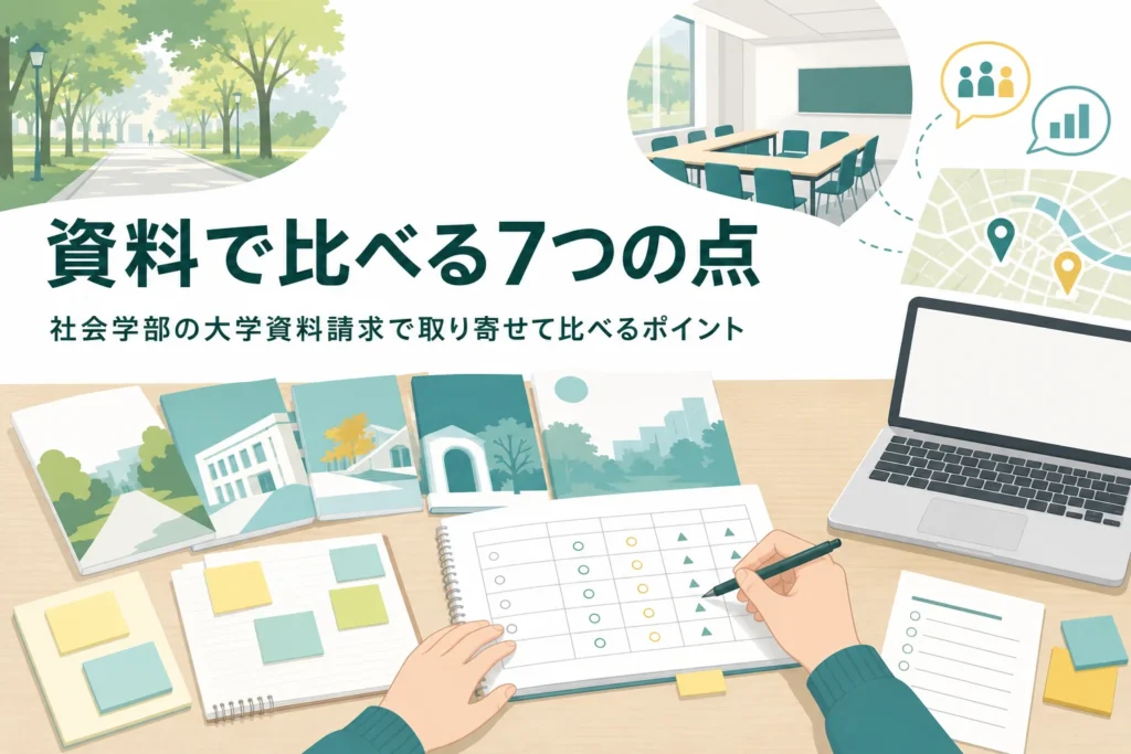 社会学部の大学資料請求で、取り寄せた資料を7つのポイントで比べる方法を紹介する記事のアイキャッチ