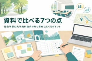 社会学部の大学資料請求で、取り寄せた資料を7つのポイントで比べる方法を紹介する記事のアイキャッチ