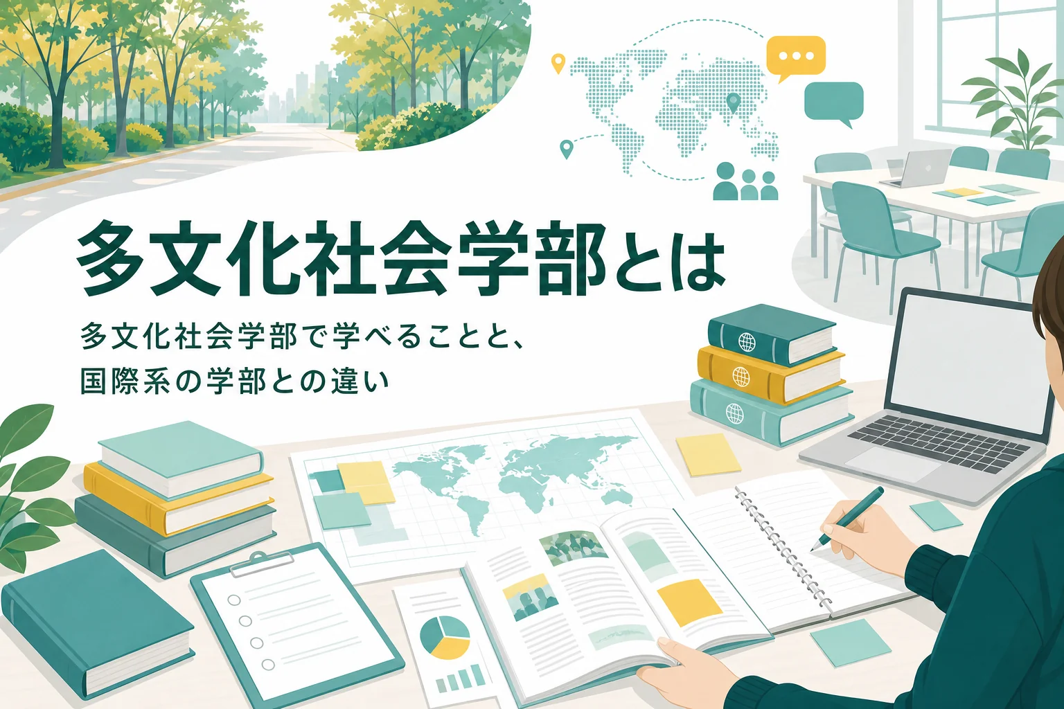 多文化社会学部で学べることと、国際系の学部との違いを紹介する記事のアイキャッチ