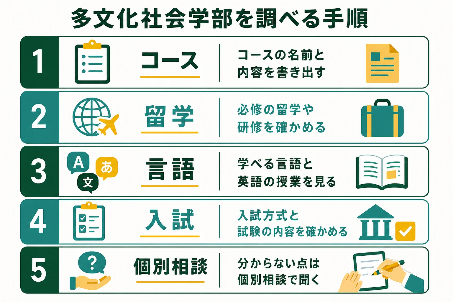 多文化社会学部を、コース・留学・言語・入試の順に調べる手順の図解