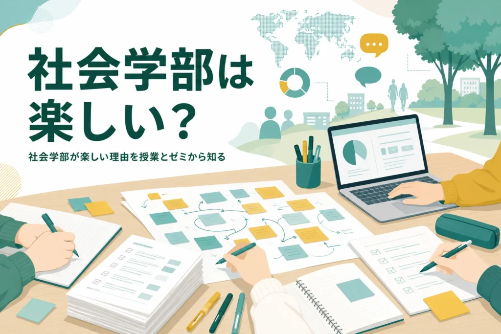 社会学部は楽しいのかを、授業・ゼミ・卒論の様子とあるあるから紹介する記事のアイキャッチ