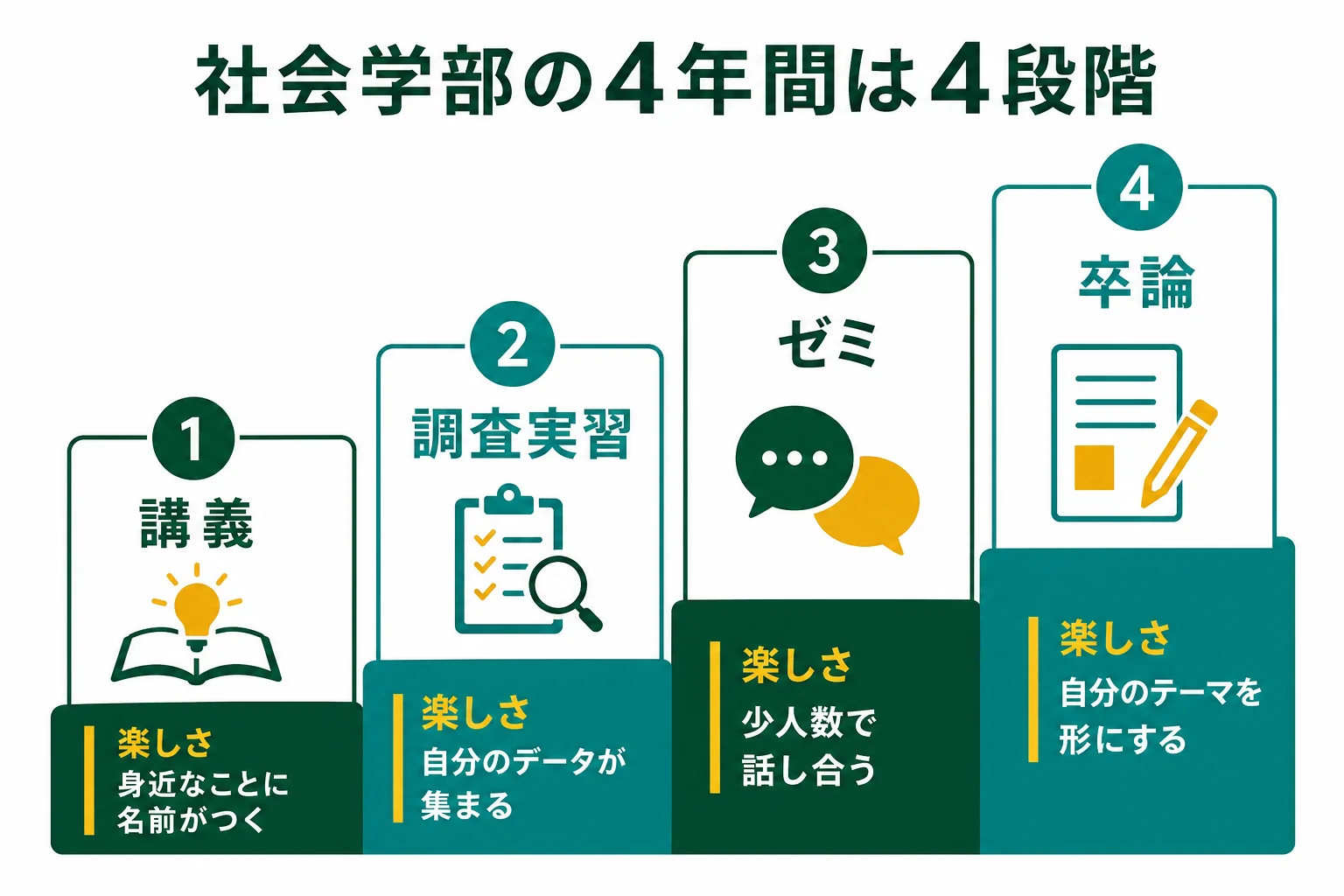 社会学部の4年間を講義・社会調査実習・ゼミ・卒業論文の4段階に分け、楽しさとつまずきを並べた図解