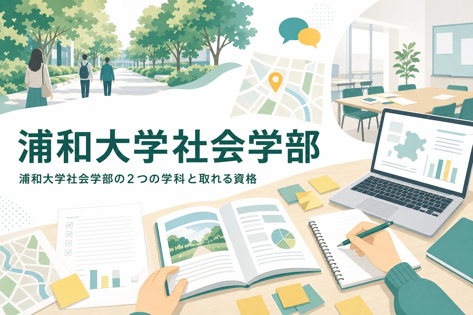 浦和大学社会学部の現代社会学科と総合福祉学科の学びと取れる資格を紹介する記事のアイキャッチ